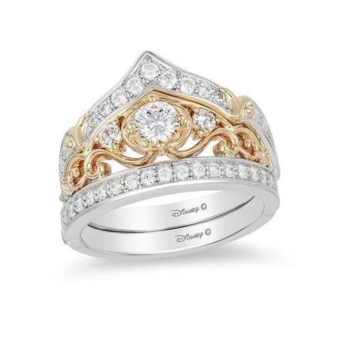 ENCHANTED DISNEY CINDERELLA 14K TWO TONE GOLD DIAMOND CROWN WEDDING SET SIZE 7: ENCHANTED DISNEY CINDERELLA 14K TWO TONE GOLD DIAMOND CROWN WEDDING SET SIZE 7 Description Enchanted Disney Cinderella 14K Two Tone Gold 3/4 TCW Diamond Crown Bridal Wedding Set Ring is in good condit