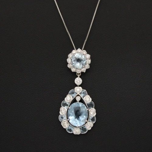 ESTATE 18K WHITE GOLD 4.42 CTW AQUAMARINE & DIAMOND PENDANT W/ 16" NECKLACE (1 of 2)