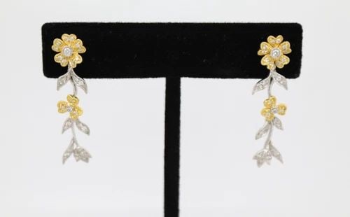 18K WHITE & YELLOW GOLD W/ DIAMONDS FLORAL DANGLE EARRINGS (1 of 2)