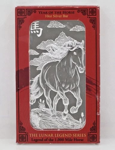PAMP SUISSE LUNAR LEGEND YEAR OF THE HORSE 10 OZ .999 FINE SILVER BAR: PAMP SUISSE LUNAR LEGEND YEAR OF THE HORSE 10 OZ .999 FINE SILVER BAR Description Pamp Suisse Lunar Legend Year of the Horse 10 oz .999 Fine Silver Bar Bullion is in uncirculated condition. Packaging 