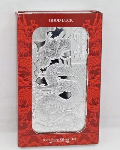 PAMP GOOD LUCK LUNAR DRAGON 10 OZ SILVER BAR .999 FINE SILVER: PAMP GOOD LUCK LUNAR DRAGON 10 OZ SILVER BAR .999 FINE SILVER Description PAMP Good Luck Lunar Dragon 10 Oz Silver Bar .999 Fine Silver Bullion is in uncirculated condition. Packaging shows signs of w