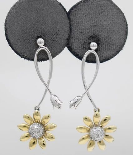 SONIA B. BITTON 14K TWO TONE DIAMOND SUNFLOWER DANGLE EARRINGS 1.5" (1 of 2)