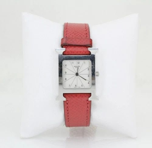 HERMES H WATCH HH1.210 STAINLESS STEEL 21MM SILVER DIAL RED STRAP W/ BOX & COA (1 of 2)