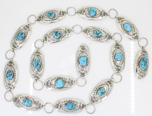 NATIVE AMERICAN NAVAJO STERLING SILVER OVAL TURQUOISE CONCHO CHAIN BELT 38" (1 of 2)