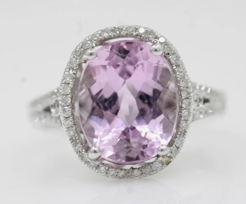 CJ 14K WHITE GOLD 5.76 TCW KUNZITE HALO DIAMOND ENGAGEMENT RING SIZE 7 - 6.2 G: CJ 14K WHITE GOLD 5.76 TCW KUNZITE HALO DIAMOND ENGAGEMENT RING SIZE 7 - 6.2 G Description CJ 14K White Gold 5.76 TCW Kunzite Halo Diamond Engagement Ring Ring is in good condition. May show signs of 