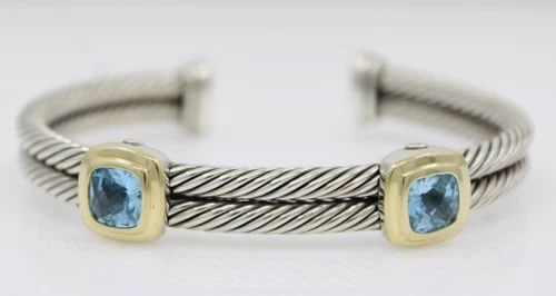 DAVID YURMAN STERLING SILVER & 18K GOLD BLUE TOPAZ ALBION STATION CUFF BRACELET (1 of 2)