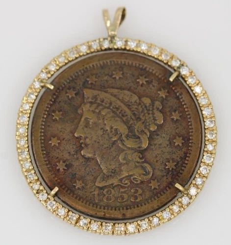 1853 US BRAIDED HAIR LARGE ONE CENT W/ 0.75 TCW DIAMOND COIN IN 14K GOLD PENDANT (1 of 2)