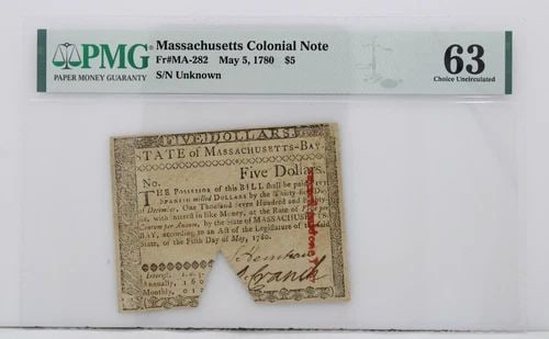 $5 MAY 5 1780 MASSACHUSETTS COLONIAL NOTE PMG 63 CHOICE UNCIRCULATED 11TH BEST!: $5 MAY 5 1780 MASSACHUSETTS COLONIAL NOTE PMG 63 CHOICE UNCIRCULATED 11TH BEST! $5 MAY 5 1780 MASSACHUSETTS COLONIAL NOTE PMG 63 CHOICE UNCIRCULATED 11TH BEST! Description $5 May 5, 1780 Massachusetts