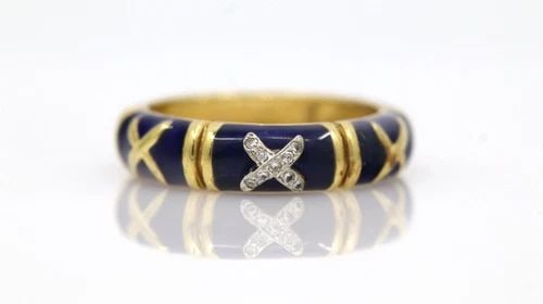 HIDALGO 18K YELLOW GOLD AND BLUE ENAMEL W/ DIAMOND X RING SIZE 6.5 (1 of 2)