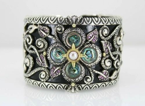 BARBARA BIXBY STERLING & 18K CASTLE GARDEN MULTI-GEMSTONE LEATHER CUFF BRACELET (1 of 2)