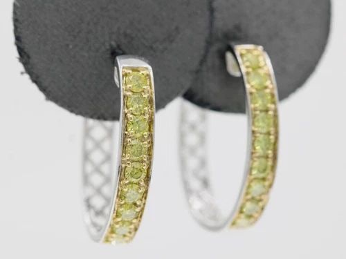 DESIGNER 14K WHITE GOLD 1.08 TCW NATURAL YELLOW DIAMOND HOOP EARRINGS 4.1 GRAMS (1 of 2)
