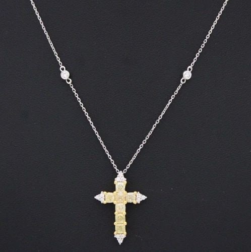14K TWO TONE GOLD 1.79 TCW NATURAL YELLOW DIAMOND 1" CROSS W/ 18" GOLD NECKLACE (1 of 2)