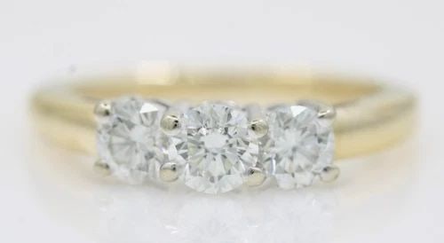 14K YELLOW GOLD 1 TCW THREE STONE DIAMOND ENGAGEMENT RING SIZE 6 - 3.9 GRAMS (1 of 2)