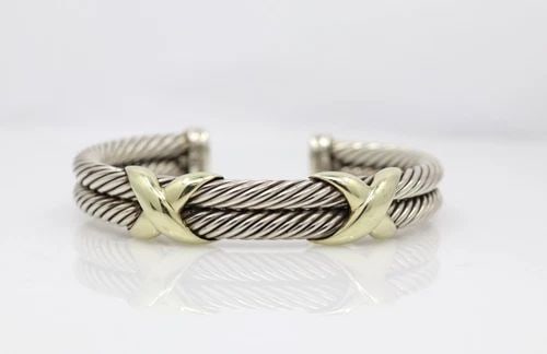 DAVID YURMAN STERLING SILVER & 14K YELLOW GOLD DOUBLE CABLE X CUFF BRACELET (1 of 2)