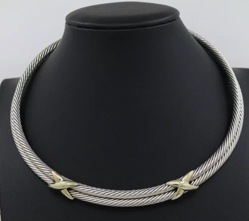 DAVID YURMAN STERLING SILVER & 14K YELLOW GOLD DOUBLE CABLE X CHOKER NECKLACE (1 of 2)