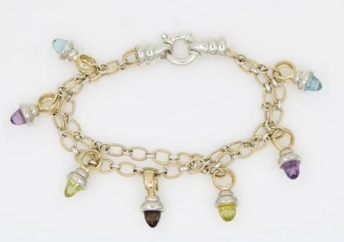 PETER BRAMS 14K GOLD & STERLING TWO-TONE MULTICOLOR GEMSTONE BRACELET 7" ~ 26.3G (1 of 2)