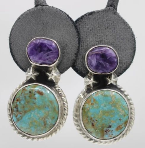 NAVAJO BILLY JARAMILLO STERLING SILVER TURQUOISE & SUGILITE EARRINGS (1 of 2)