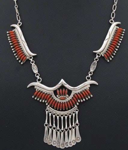 ZUNI NORBERT HASKIE STERLING SILVER RED CORAL NEEDLE POINT NECKLACE 17" (1 of 2)