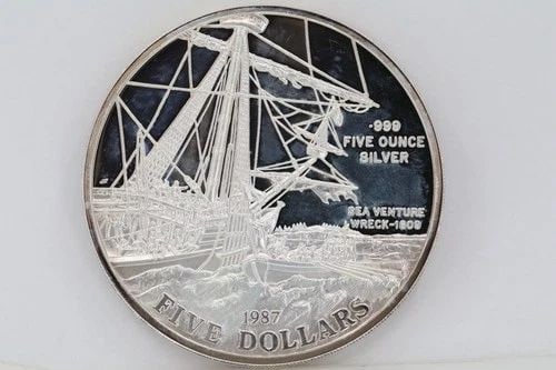 1987 BERMUDA "WRECK OF THE SEA VENTURE" 5 OZ .999 SILVER PROOF W/ COA (1 of 2)