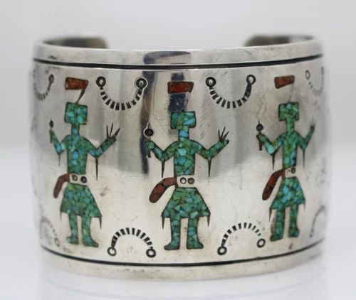 NAVAJO JAMES SHAY STERLING SILVER KACHINA TURQUOISE & CORAL INLAY CUFF BRACELET (1 of 2)
