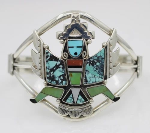 NAVAJO DANNY D. CLARK STERLING SILVER KNIFEWING DANCER TURQUOISE INLAY CUFF 6" (1 of 2)