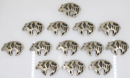 NATIVE AMERICAN SOUTHWEST STERLING 13 BEAR CONCHO BELT SLIDES & BUCKLE SET (1 of 2)