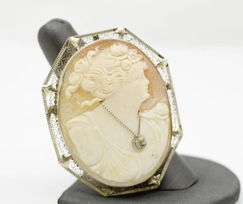 VINTAGE 14K YELLOW GOLD CARVED CAMEO DIAMOND PENDANT PIN BROOCH 11.5G (1 of 2)