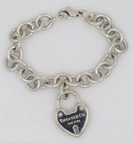 TIFFANY & CO. STERLING SILVER HEART PADLOCK CHAIN BRACELET 6.5" - 39.1 GRAMS (1 of 2)