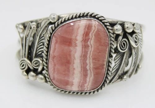 GILBERT ADAKAI STERLING SILVER NAVAJO RHODOCHROSITE CUFF BRACELET 6" - 52.6 GR (1 of 2)