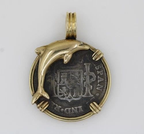 SILVER 1808 1 REAL CAROLUS IIII SPAIN COIN 10K COIN PENDANT W/ DOLPHIN 6.3 GRAMS: SILVER 1808 1 REAL CAROLUS IIII SPAIN COIN 10K COIN PENDANT W/ DOLPHIN 6.3 GRAMS SILVER 1808 1 REAL CAROLUS IIII SPAIN COIN 10K COIN PENDANT W/ DOLPHIN 6.3 GRAMS Description Silver 1808 1 REAL CAROLUS