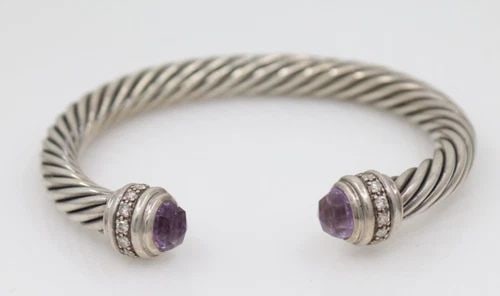 DAVID YURMAN STERLING SILVER 7MM CABLE AMETHYST & PAVE DIAMONDS CUFF BRACELET (1 of 2)