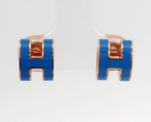 HERMES MINI POP H ROSE GOLD TONE & BLUE ENAMEL EARRINGS (1 of 2)