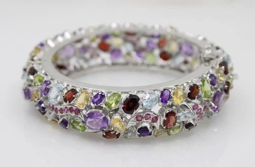 STERLING SILVER MULTI-COLORED GEMSTONE WIDE BANGLE 7" BRACELET 79.3 GRAMS (1 of 2)