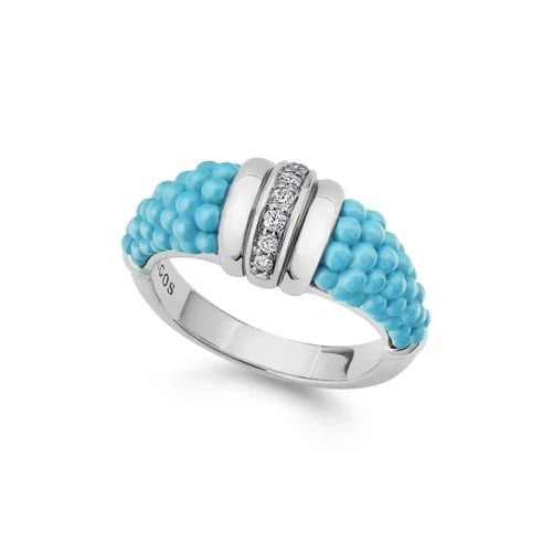 LAGOS STERLING SILVER TURQUOISE CAVIAR CERAMIC & DIAMOND RING SIZE 9: LAGOS STERLING SILVER TURQUOISE CAVIAR CERAMIC & DIAMOND RING SIZE 9 Description LAGOS Sterling Silver Turquoise Caviar Ceramic & Diamond Ring Item is in good condition. May show signs of wear and/or 