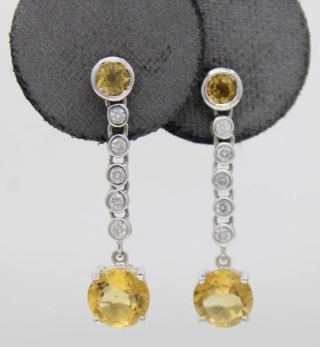 SAMUEL BENHAM BJC 14K WHITE GOLD CITRINE & DIAMOND DANGLE EARRINGS 3.1 GRAMS (1 of 2)