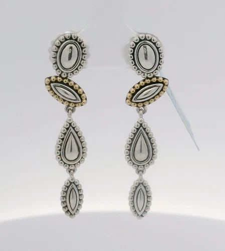 LAGOS STERLING SILVER & 18K GOLD YELLOW GOLD CAVIAR HAPE DANGLE DROP EARRINGS: LAGOS STERLING SILVER & 18K GOLD YELLOW GOLD CAVIAR HAPE DANGLE DROP EARRINGS Description Lagos Sterling Silver & 18k Gold Yellow Gold Caviar Hape Dangle Drop Earrings Item is in excellent condition. 