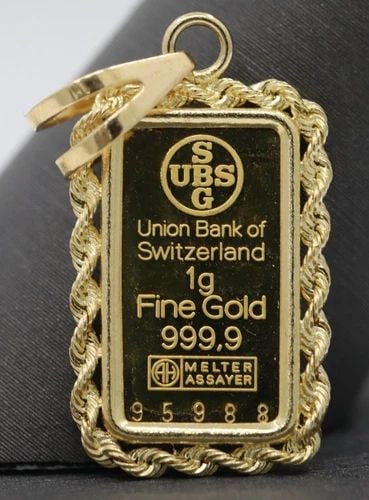 UNION BANK OF SWITZERLAND 1G 999.9 FINE GOLD #95988 BAR IN 14K PENDANT W/ COA (1 of 2)