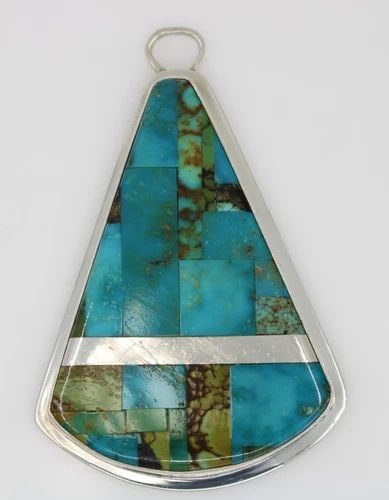 NATIVE AMERICAN DANIEL CORIZ STERLING SILVER MULTI TURQUOISE INLAY PENDANT (1 of 2)