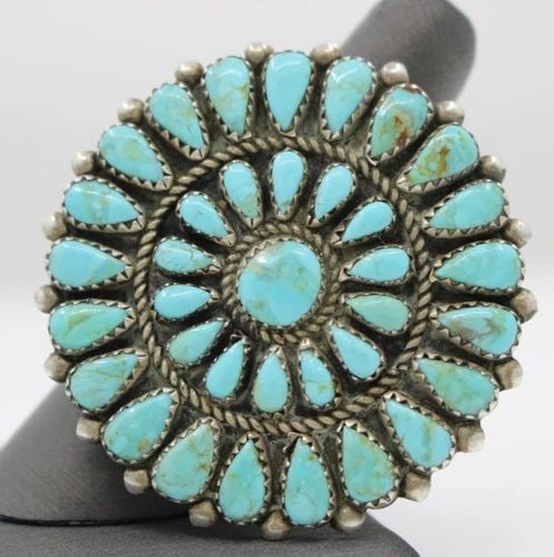 NATIVE AMERICAN NAVAJO STERLING SILVER TURQUOISE CLUSTER BROOCH PIN PENDANT 1.8" (1 of 2)