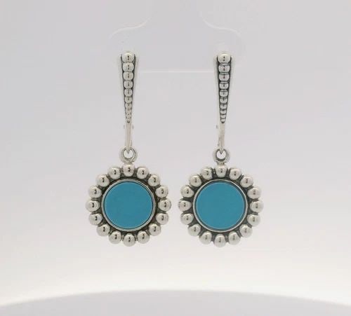 LAGOS STERLING SILVER MAYA TURQUOISE CERAMIC DROP EARRINGS: LAGOS STERLING SILVER MAYA TURQUOISE CERAMIC DROP EARRINGS Description LAGOS Sterling Silver Maya Turquoise Ceramic Drop Earrings Item is in excellent condition. May show signs of wear and/or tear. Ap