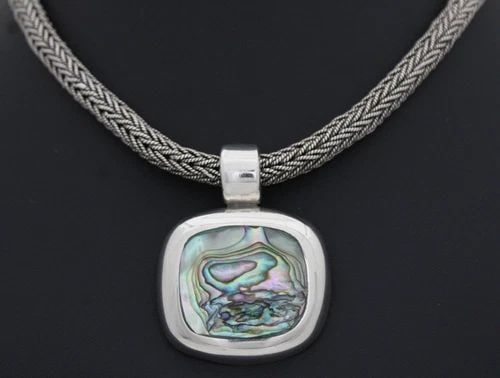 STERLING SILVER MESH STYLE THICK CHAIN W/ ABALONE SHELL PENDANT NECKLACE 16" (1 of 2)