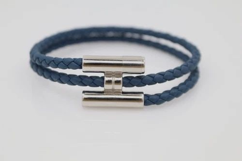 HERMES TOURNIS TRESSE BLEU TEMPÊTE BRAIDED LEATHER BRACELET W/ BOX 6.5" ~ M (1 of 2)