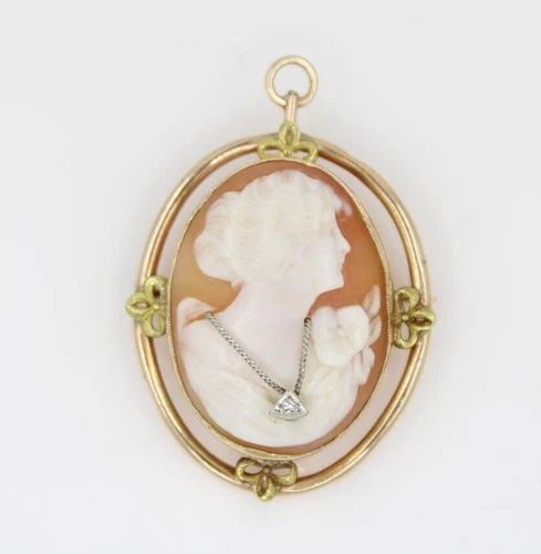 10K YELLOW GOLD CARVED SHELL CAMEO DIAMOND PENDANT BROOCH 7.1 GRAMS (1 of 2)