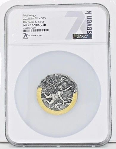 MYTHOLOGY 2021 MW NIUE S$5 DAEDALUS & ICARUS NGC MS 70 ANTIQUED 2 OZ SILVER COIN (1 of 2)