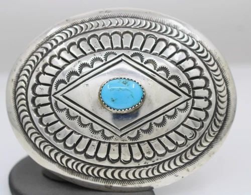 NAVAJO ARNOLD MALONEY STERLING SILVER TURQUOISE BELT BUCKLE 62.1 GRAMS (1 of 2)