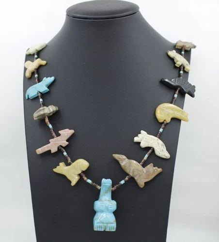 ZUNI FETISH HEISHI STERLING SILVER TURQUOISE BEAR WOLF BIRD ANIMAL 30" NECKLACE (1 of 2)