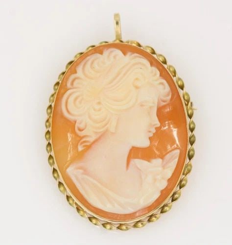 14K YELLOW GOLD CARVED SHELL CAMEO PENDANT BROOCH 4.5 GRAMS (1 of 2)