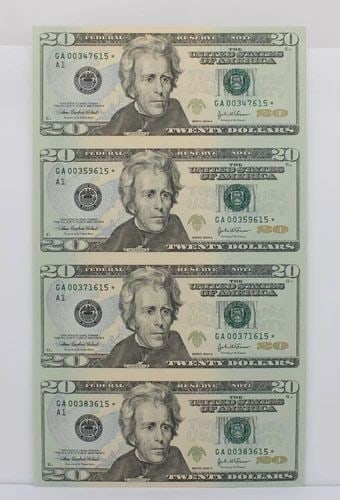 UNCUT SHEET OF FOUR (4) $20 TWENTY DOLLAR BILLS - 2004 A STAR NOTE UNCIRCULATED (1 of 2)