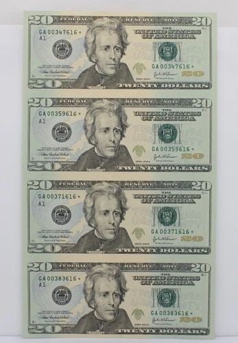 UNCUT SHEET OF FOUR (4) $20 TWENTY DOLLAR BILLS - 2004 A STAR NOTE UNCIRCULATED (1 of 2)