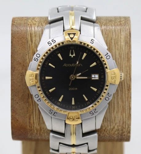 BULOVA ACCUTRON TWO-TONE STAINLESS STEEL 36MM BLACK DIAL QUARTZ WATCH 716321 (1 of 2)